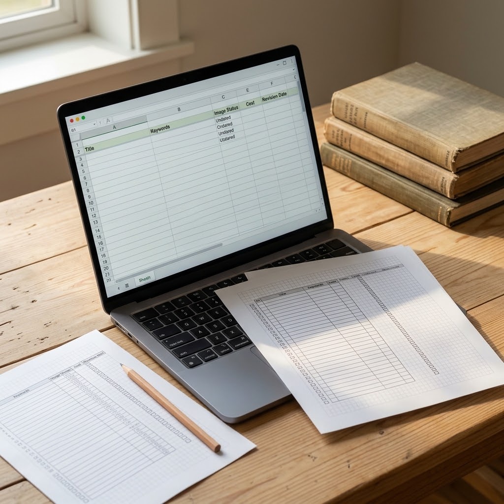 Google Sheets listing tracker with title, keyword, image, cost, and revision columns