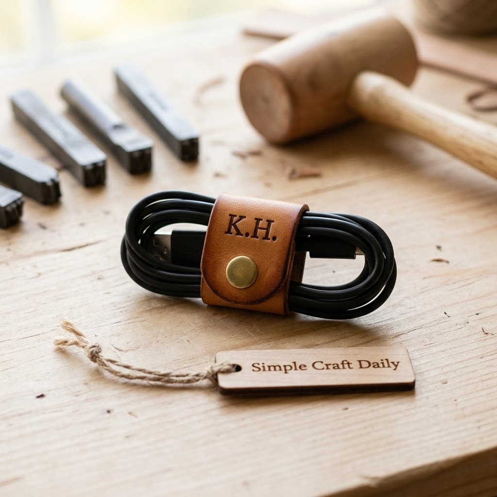 Hand-stamped leather cable organizer with a brass snap around a charging cord