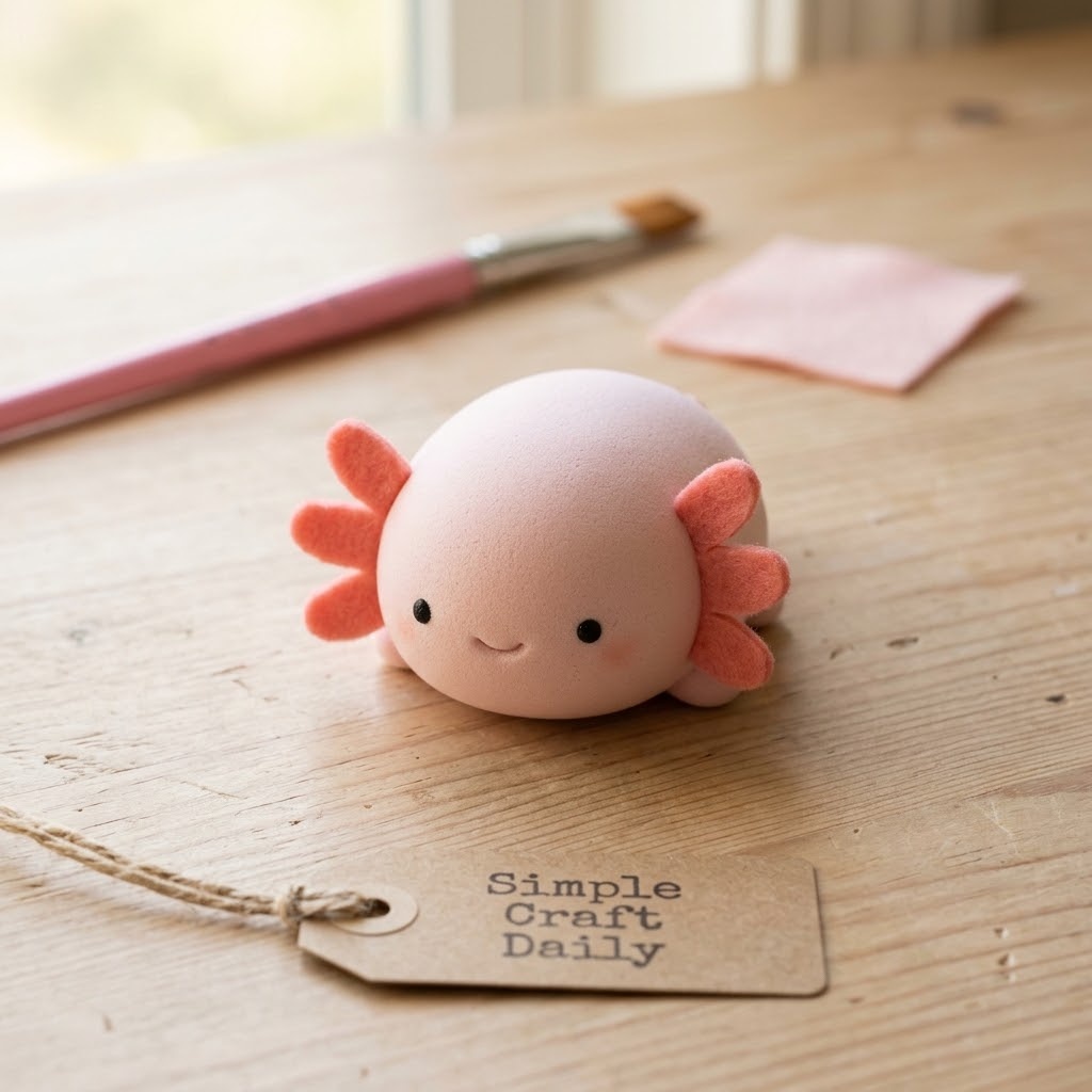 Pale pink axolotl foam squishy with coral felt frills on a craft table