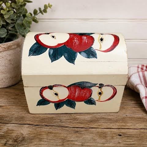 Cream painted wooden recipe card box with cranberry botanical details and handwritten cards