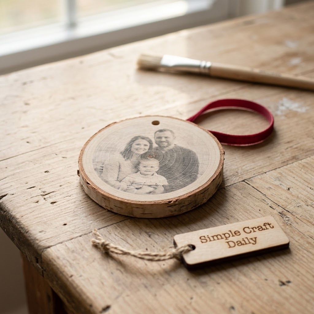 Round wooden ornament with a sealed black-and-white family photo