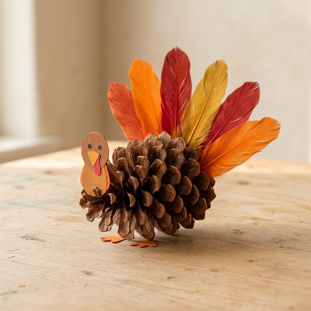 Pinecone turkey centerpiece with autumn feathers and cardstock face