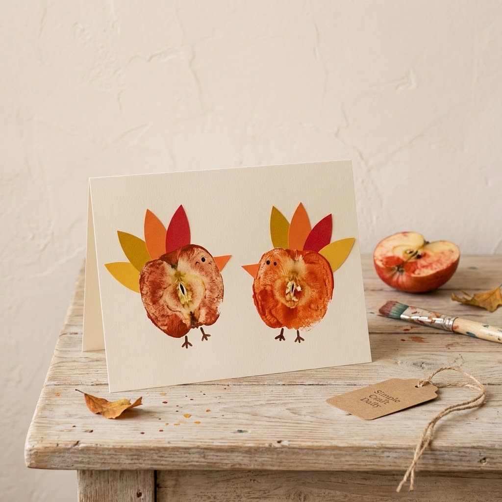 Apple-stamped turkey art for thanksgiving crafts for kids on cream cardstock
