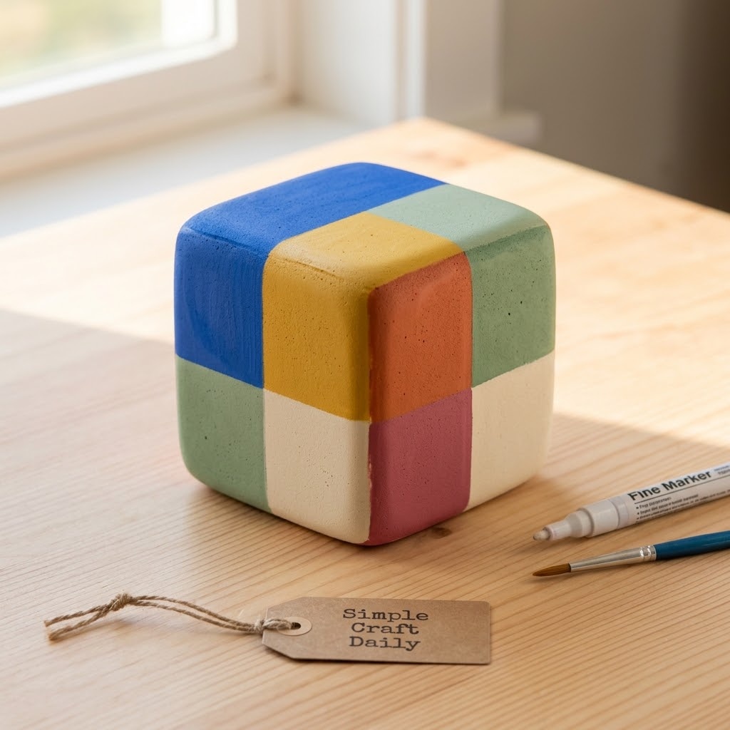 Color-block foam cube squishy with six bright painted panels on a wooden table