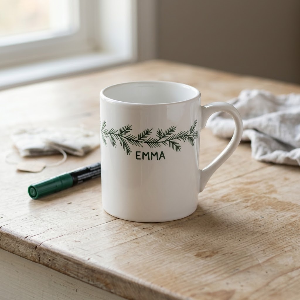 White ceramic mug with hand-drawn evergreen garland and personalized name