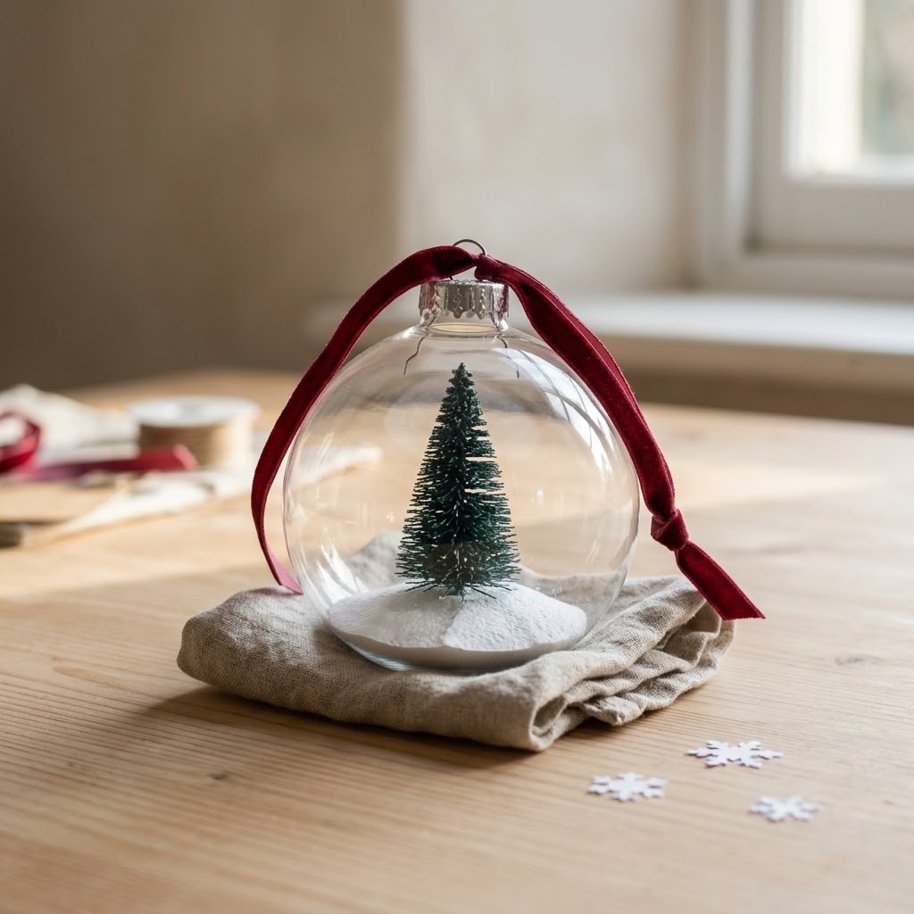 Clear ornament bauble containing a miniature evergreen tree on paper snow