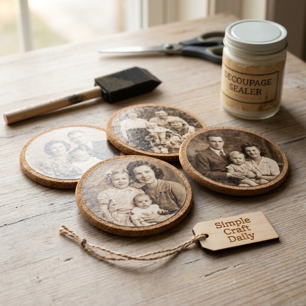 Set of four cork coasters decorated with sealed sepia family photos