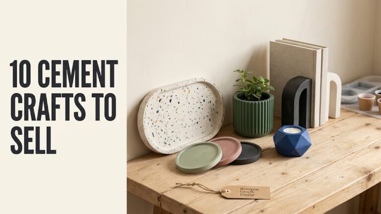 Collection of cement crafts to sell on a warm artisan workbench