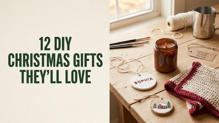 DIY Christmas gifts collection with handmade ornaments, candle, dishcloths, and wood keepsakes
