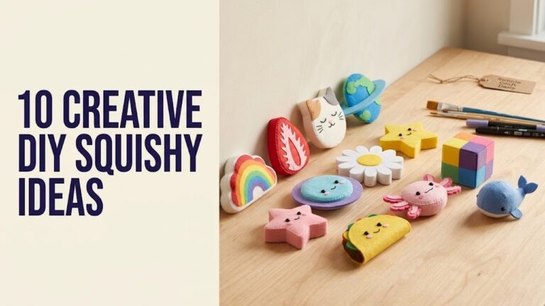 DIY squishy collection featuring ten colorful handmade foam themes on a craft table