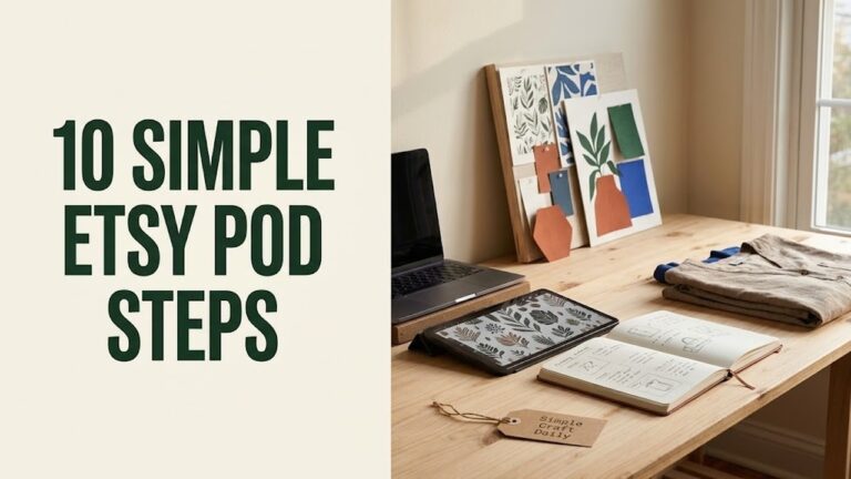 Print on demand for Etsy beginner workspace with planning notebook, artwork tablet, and sample product