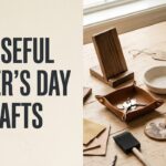 Collection of homemade Father's Day crafts including wood, leather, rope, clay, cement, and photo gifts