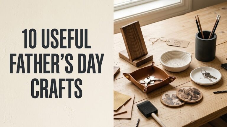 Collection of homemade Father's Day crafts including wood, leather, rope, clay, cement, and photo gifts